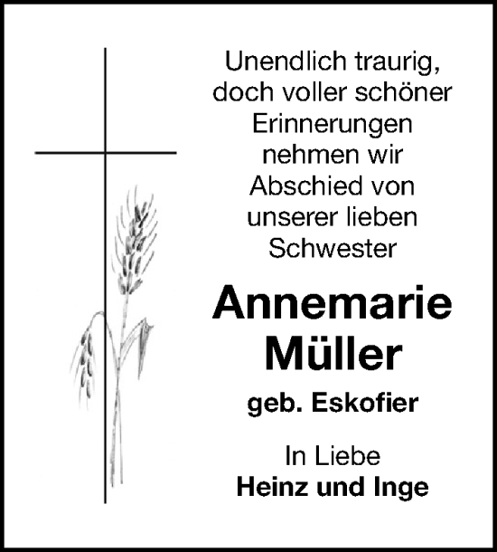 Traueranzeige von Annemarie Müller von Gesamtausgabe Nürnberger Nachrichten/ Nürnberger Ztg.