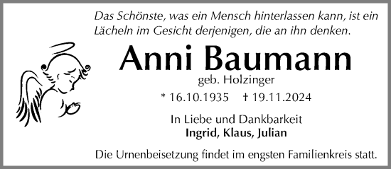 Traueranzeige von Anni Baumann von Gesamtausgabe Nürnberger Nachrichten/ Nürnberger Ztg.