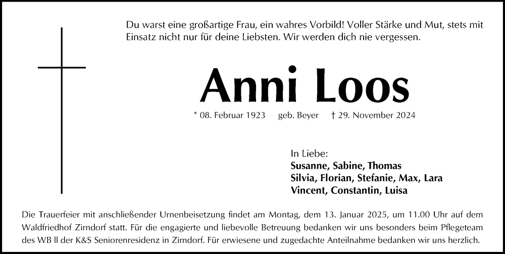  Traueranzeige für Anni Loos vom 14.12.2024 aus Fürther Nachrichten Lokal