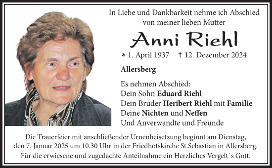 Traueranzeige von Anni Riehl von Roth-Hilpoltsteiner Volkszeitung Lokal