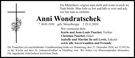 Traueranzeige von Anni Wondratschek von Gesamtausgabe Nürnberger Nachrichten/ Nürnberger Ztg.