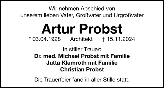 Traueranzeige von Artur Probst von Gesamtausgabe Nürnberger Nachrichten/ Nürnberger Ztg.