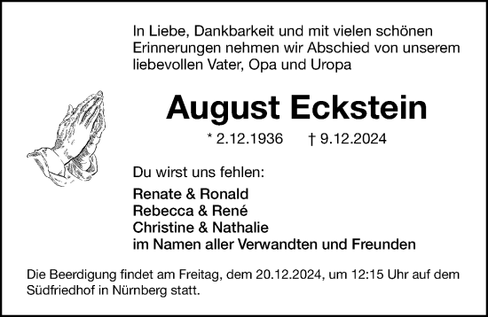 Traueranzeige von August Eckstein von Gesamtausgabe Nürnberger Nachrichten/ Nürnberger Ztg.