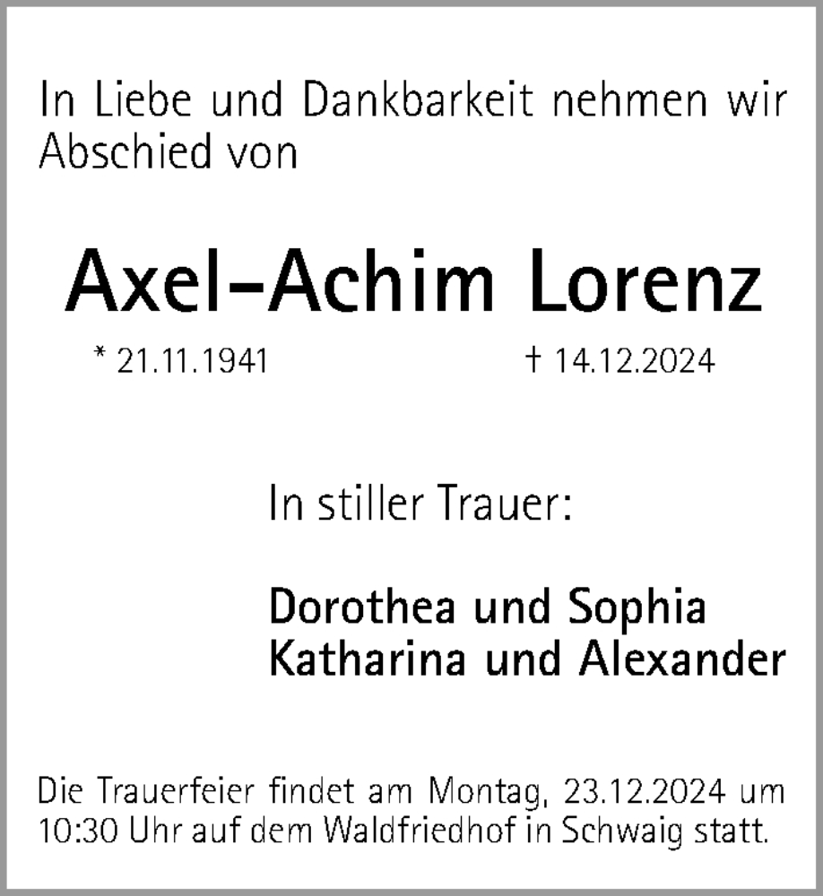  Traueranzeige für Axel-Achim Lorenz vom 21.12.2024 aus Gesamtausgabe Nürnberger Nachrichten/ Nürnberger Ztg.