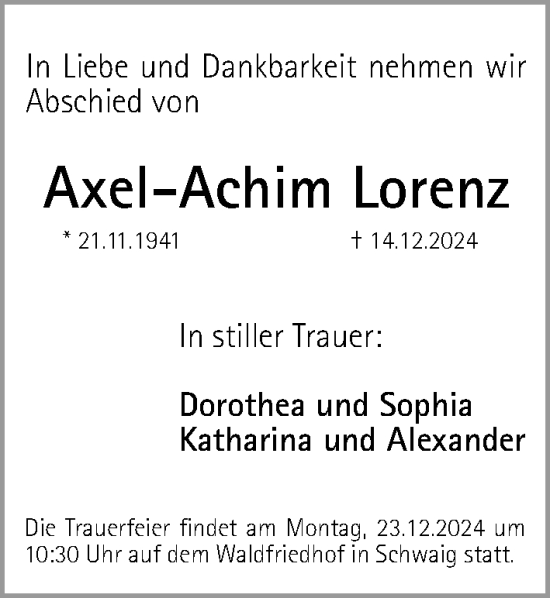 Traueranzeige von Axel-Achim Lorenz von Gesamtausgabe Nürnberger Nachrichten/ Nürnberger Ztg.