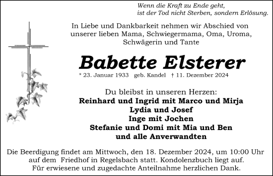 Traueranzeige von Babette Elsterer von Schwabacher Tagblatt Lokal