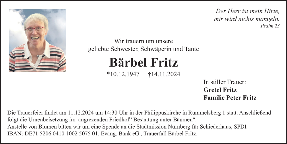  Traueranzeige für Bärbel Fritz vom 07.12.2024 aus Gesamtausgabe Nürnberger Nachrichten/ Nürnberger Ztg.