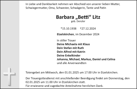 Traueranzeige von Barbara  Litz von Nordbayerische Nachrichten Herzogenaurach Lokal