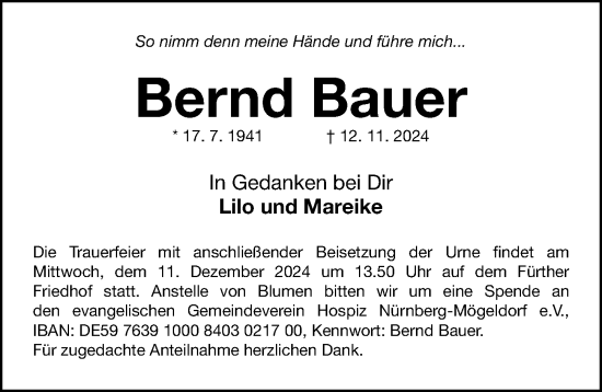 Traueranzeige von Bernd Bauer von Fürther Nachrichten Lokal