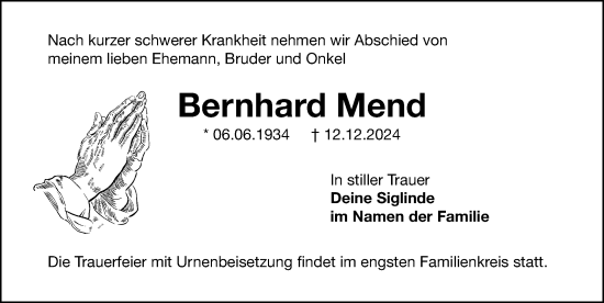 Traueranzeige von Bernhard Mend von Gesamtausgabe Nürnberger Nachrichten/ Nürnberger Ztg.