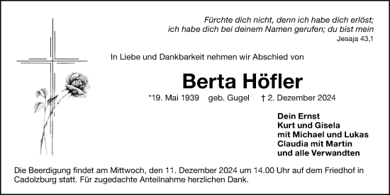 Traueranzeige von Berta Höfler von Fürther Nachrichten Lokal