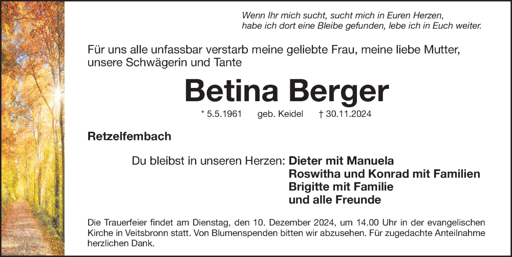  Traueranzeige für Betina Berger vom 04.12.2024 aus Fürther Nachrichten Lokal