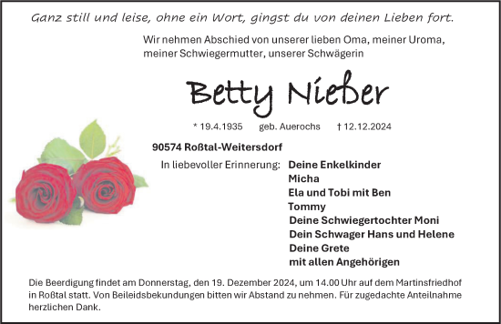 Traueranzeige von Betty Nießer von Fürther Nachrichten Lokal