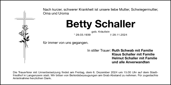 Traueranzeige von Betty Schaller von Fürther Nachrichten Lokal