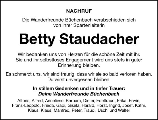 Traueranzeige von Betty Staudacher von HST,HRHV