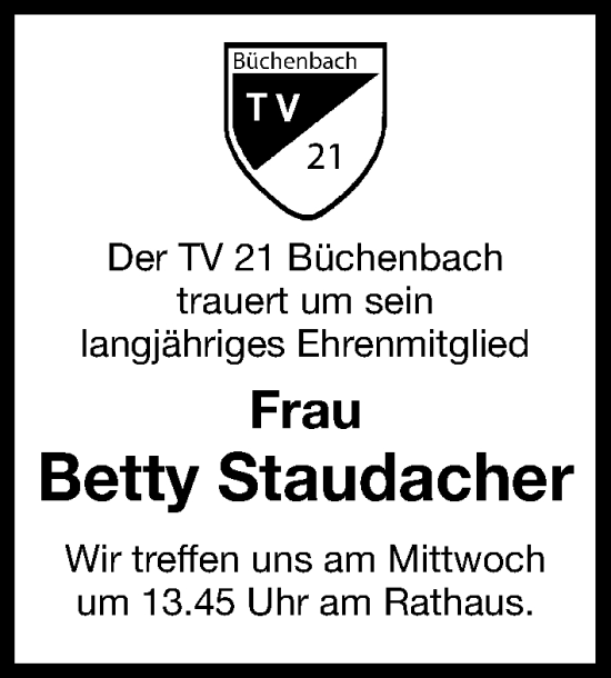 Traueranzeige von Betty Staudacher von Roth-Hilpoltsteiner Volkszeitung Lokal