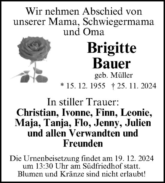 Traueranzeige von Brigitte Bauer von Gesamtausgabe Nürnberger Nachrichten/ Nürnberger Ztg.