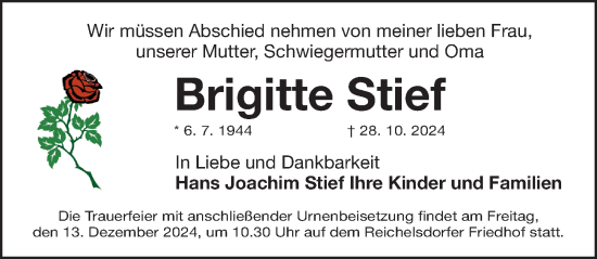 Traueranzeige von Brigitte Stief von Gesamtausgabe Nürnberger Nachrichten/ Nürnberger Ztg.