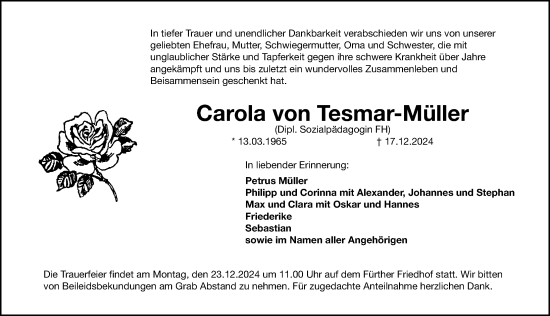 Traueranzeige von Carola von Tesmar-Müller von Gesamtausgabe Nürnberger Nachrichten/ Nürnberger Ztg./ Fürther Nachrichten