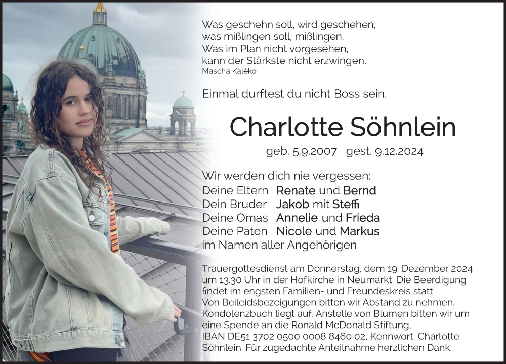  Traueranzeige für Charlotte Söhnlein vom 18.12.2024 aus Neumarkter Nachrichten Lokal