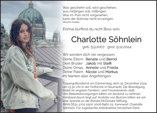 Traueranzeige von Charlotte Söhnlein von Neumarkter Nachrichten Lokal