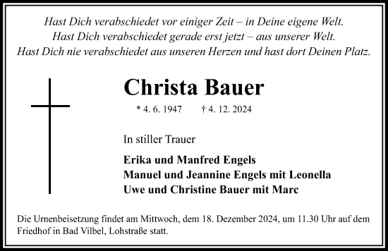 Traueranzeige von Christa Bauer von Schwabacher Tagblatt Lokal