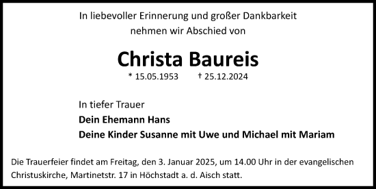 Traueranzeige von Christa Baureis von Nordbayerische Nachrichten Herzogenaurach Lokal