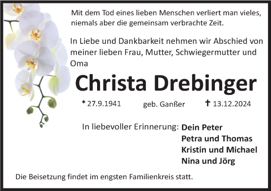 Traueranzeige von Christa Drebinger von Nordbayerische Nachrichten Herzogenaurach Lokal