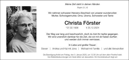 Traueranzeige von Christa Förster von Nordbayerische Nachrichten Herzogenaurach Lokal