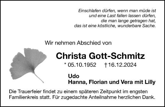 Traueranzeige von Christa Gott-Schmitz von Gesamtausgabe Nürnberger Nachrichten/ Nürnberger Ztg.