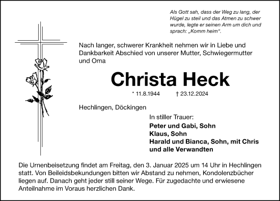 Traueranzeige von Christa Heck von Altmühl-Bote Lokal