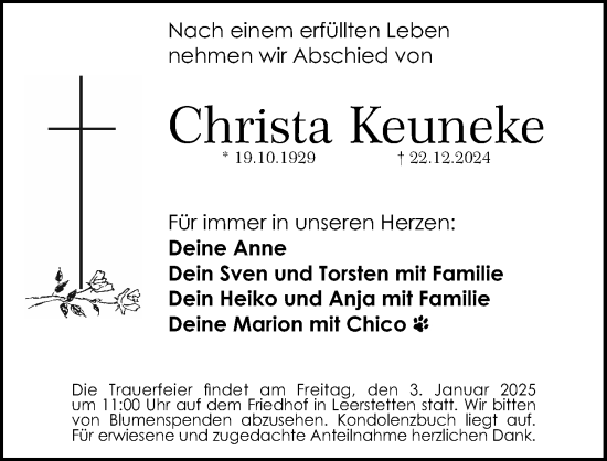 Traueranzeige von Christa Keuneke von Schwabacher Tagblatt Lokal