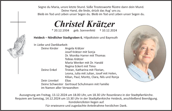 Traueranzeige von Christel Krätzer von Roth-Hilpoltsteiner Volkszeitung Lokal