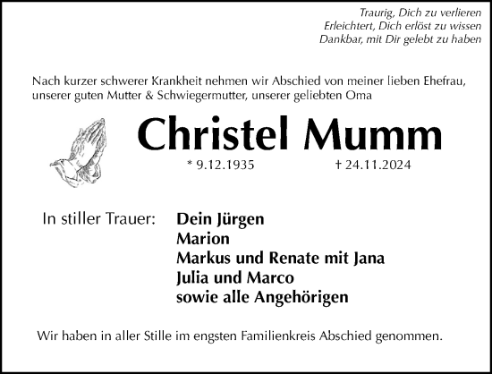 Traueranzeige von Christel Mumm von Gesamtausgabe Nürnberger Nachrichten/ Nürnberger Ztg.