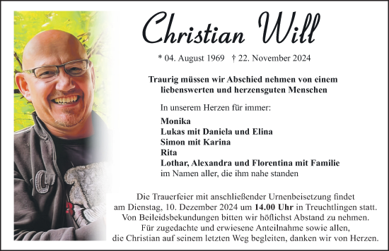 Traueranzeige von Christian Will von Weißenburger Tagblatt u.Treuchtlinger Kurier Lokal