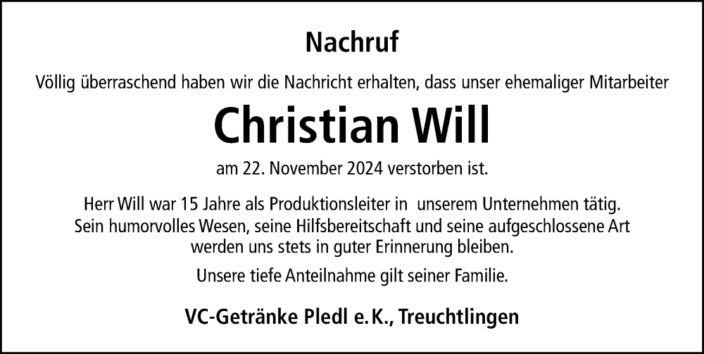  Traueranzeige für Christian Will vom 13.12.2024 aus Weißenburger Tagblatt u.Treuchtlinger Kurier Lokal