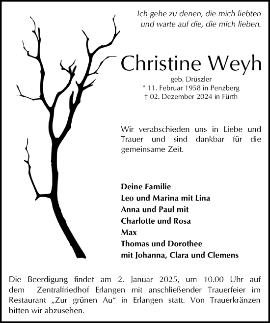 Traueranzeige von Christine Weyh von Fürther Nachrichten/ Erlanger Nachrichten