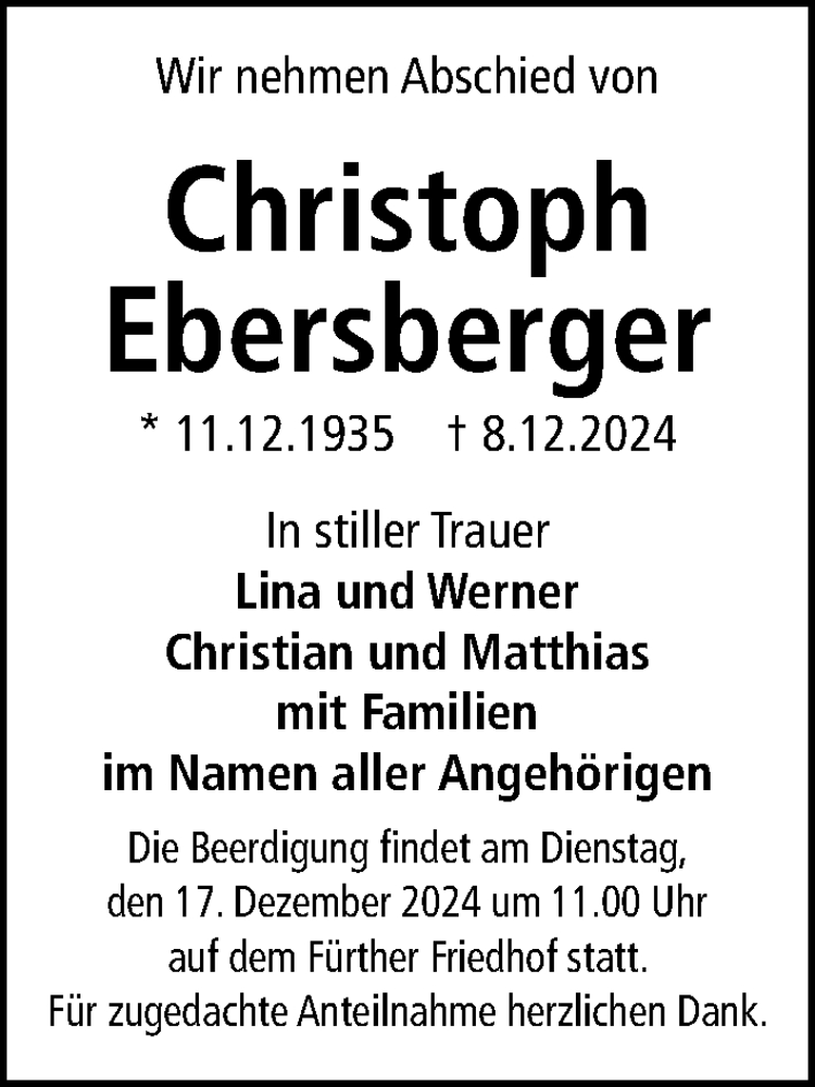  Traueranzeige für Christoph Ebersberger vom 14.12.2024 aus Fürther Nachrichten Lokal