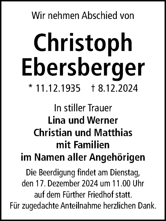 Traueranzeige von Christoph Ebersberger von Fürther Nachrichten Lokal