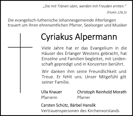 Traueranzeige von Cyriakus Alpermann von Erlanger Nachrichten Lokal