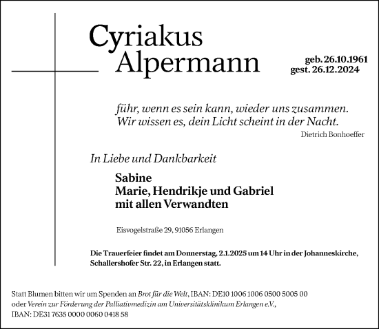 Traueranzeige von Cyriakus Alpermann von Erlanger Nachrichten Lokal