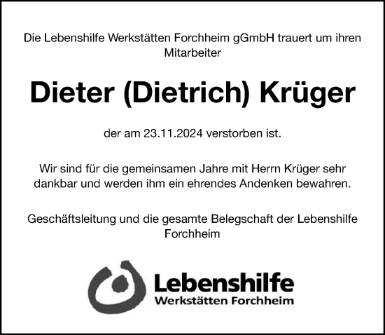 Traueranzeige von Dieter Krüger von Nordbayerische Nachrichten Forchheim Lokal