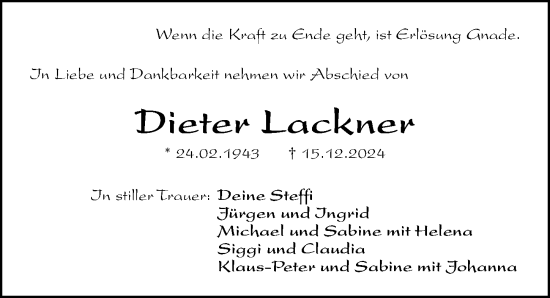 Traueranzeige von Dieter Lackner von Gesamtausgabe Nürnberger Nachrichten/ Nürnberger Ztg.