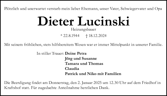 Traueranzeige von Dieter Lucinski von Gesamtausgabe Nürnberger Nachrichten/ Nürnberger Ztg.