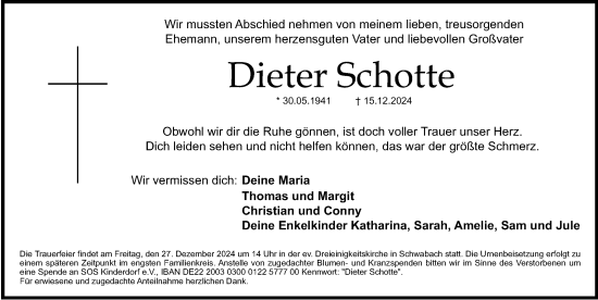 Traueranzeige von Dieter Schotte von Gesamtausgabe Nürnberger Nachrichten/ Nürnberger Ztg.