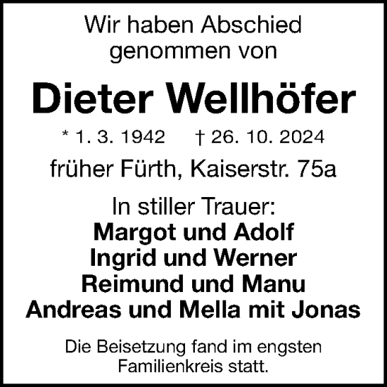 Traueranzeige von Dieter Wellhöfer von Fürther Nachrichten Lokal