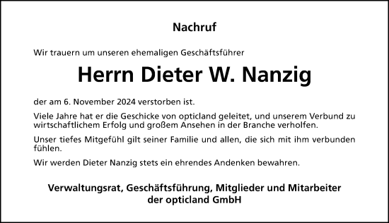 Traueranzeige von Dieter W. Nanzig von Gesamtausgabe Nürnberger Nachrichten/ Nürnberger Ztg.