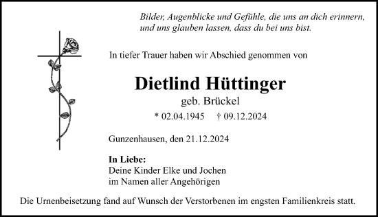 Traueranzeige von Dietlind Hüttinger von Altmühl-Bote Lokal