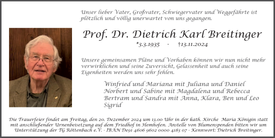 Traueranzeige von Dietrich Karl Breitinger von Erlanger Nachrichten Lokal