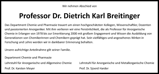 Traueranzeige von Dietrich Karl Breitinger von Erlanger Nachrichten Lokal